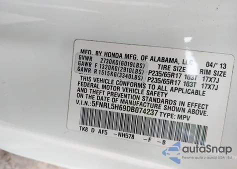 2013 Honda Odyssey Ex-L из США, поврежденный, VIN 5FNRL5H69DB074237